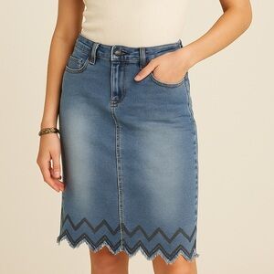 Vintage Y2K Street Code Denim Chevron Raw Hem Boho Midi Skirt